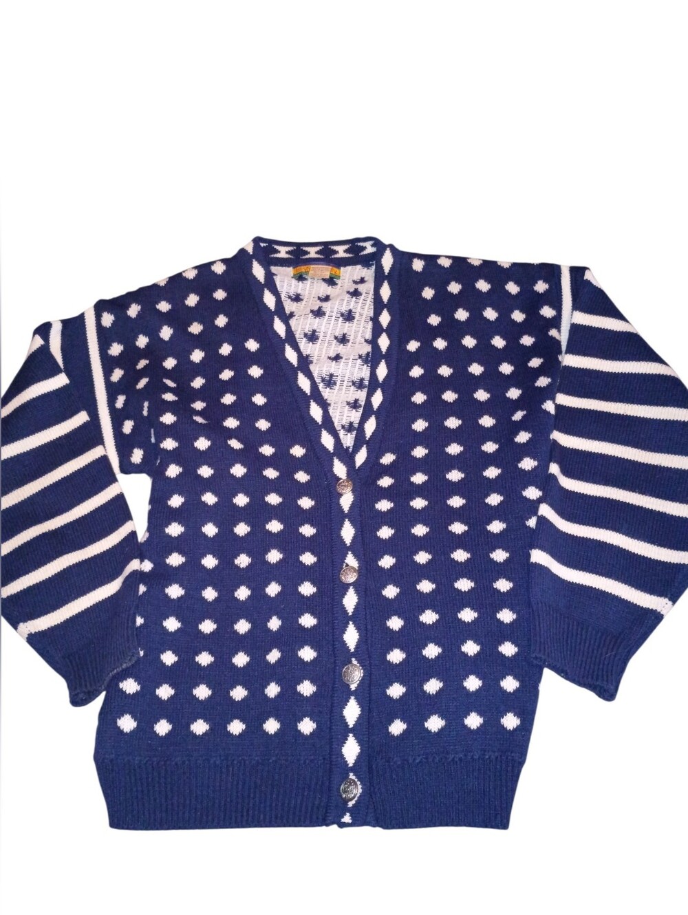 Vtg Bryn Connelly Navy and White Polka Dot V-Neck Cardigan Sweater
